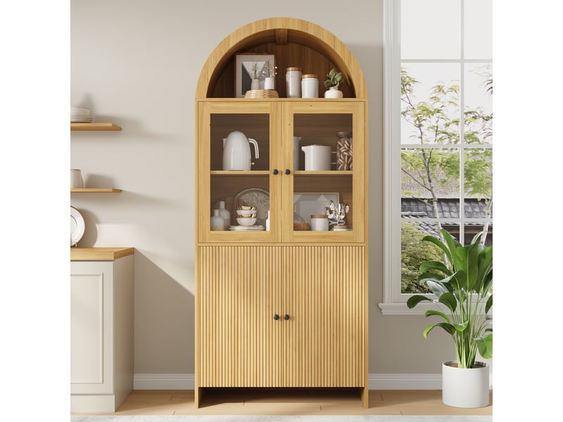  Buffet avec dessus en arc, meuble de rangement fermé à motif ondulé, vitrine à portes vitrées, meuble de salon  - Conforama R