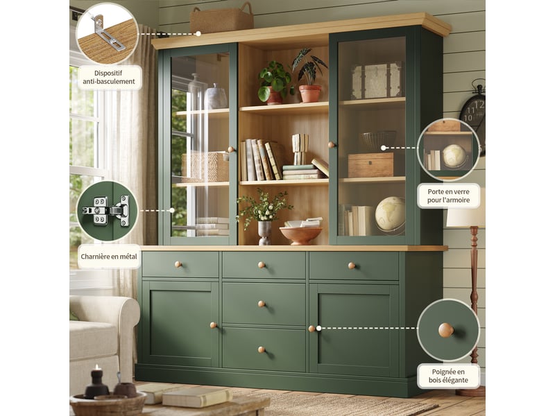  Buffet haut de cuisine 140x40x185 cm, 5 grands tiroirs, portes vitrées, étagères réglables, niches ouvertes, anti-basculement, vert et effet bois  - Conforama E