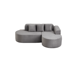 Canapé d'angle à méridienne incurvée avec accoudoirs arrondis et 3 coussins en velours côtelé gris, 220 × 155 × 70 cm