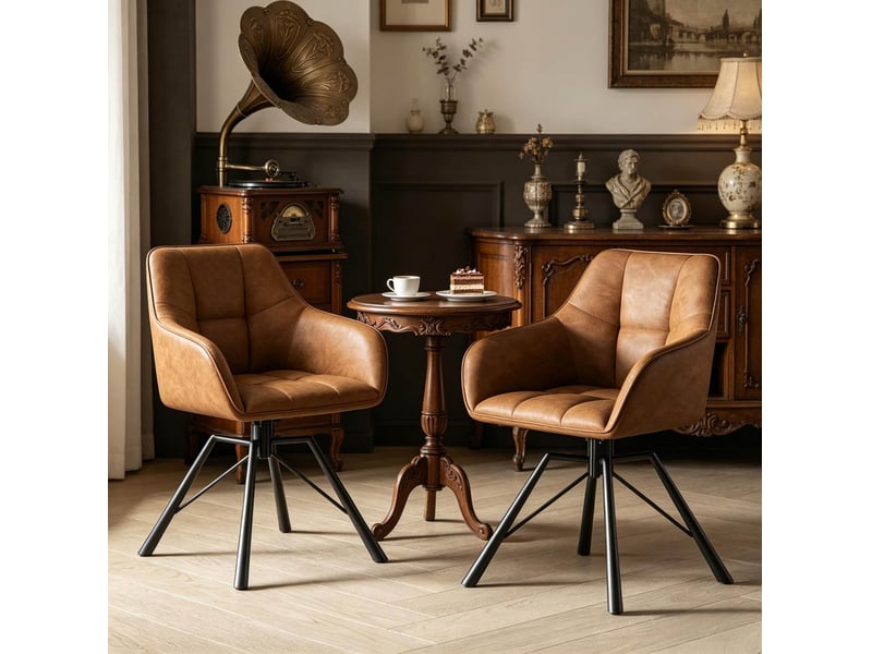  Fauteuil de salle à manger avec siège large et dossier souple, chaise pivotante 360° en bois et cuir faux  - Conforama C