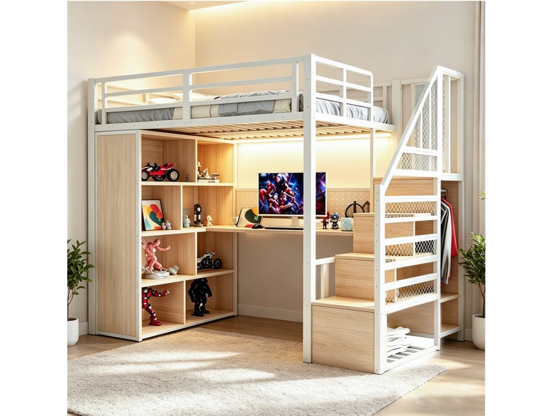  Lit mezzanine 90x200 cm avec bureau, rangements et led blanc  - Conforama D