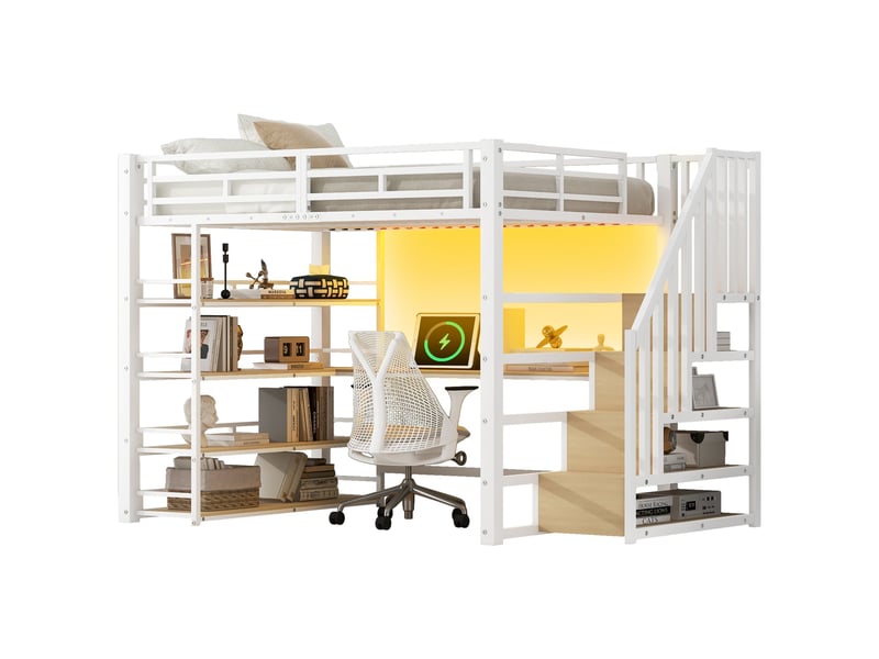  Lit mezzanine 140x200 cm 2 places avec escalier, bureau, rangements et led, blanc  - Conforama A