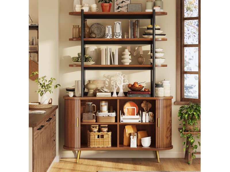 Buffet avec 2 portes coulissantes et 4 étagères ouvertes, rangement pour cuisine et salle à manger en mdf bois foncé - Conforama D