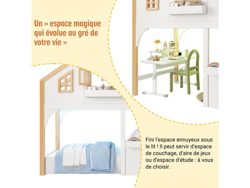  Lit cabane enfant 90x200, lit superposé avec escalier de rangement, éclairage led, finition bicolore blanc et bois naturel.  - Conforama D