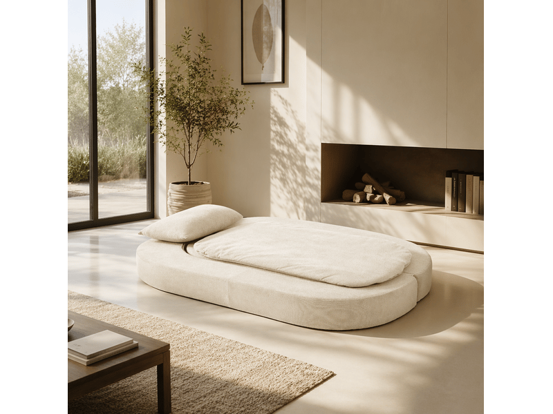 Canapé convertible 2 places avec fonction couchage, mousse à mémoire de forme et housse amovible en tissu blanc cassé - Conforama E