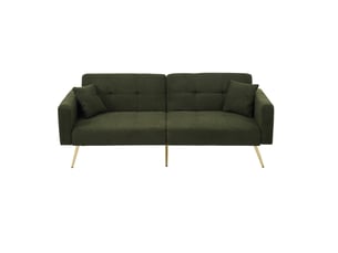 Canapé droit convertible 2 places 175 cm vert antique en sherpa, dossier 3 positions, poches latérales et pieds dorés