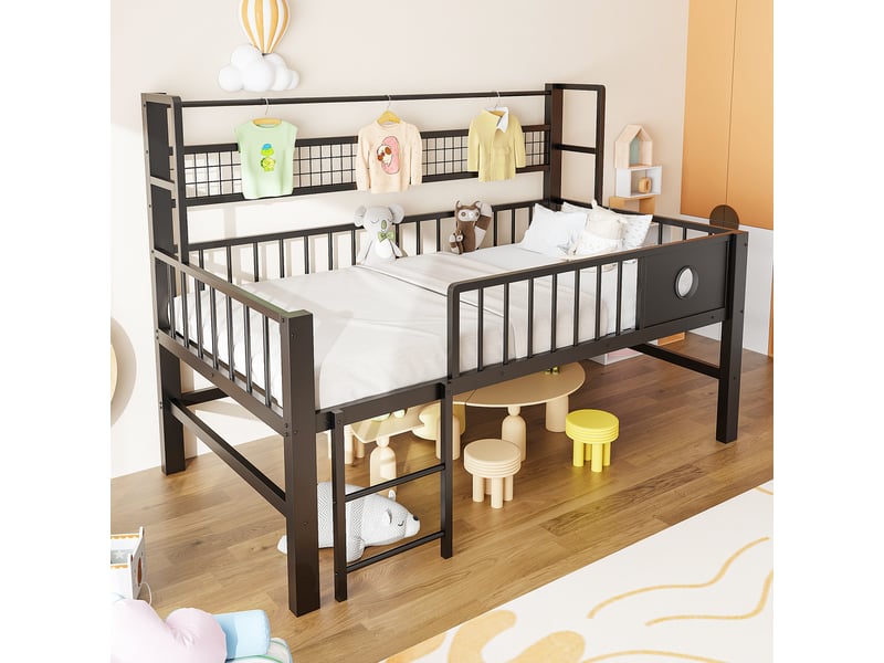  Lit mezzanine bas enfant - 90x200 cm - noir - cadre en métal - hauts garde-corps - espace de rangement 204x95x125.5cm - Conforama C