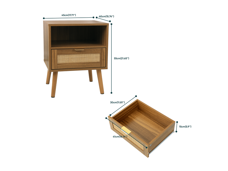 Table de chevet,45x40x55 cm,avec tiroir,mdf et rotin,coloris noyer - Conforama C