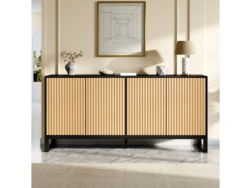  Buffet bas 160x40x75 cm, meuble à chaussures 4 portes, étagères réglables, façade rainurée 3d, mdf et panneaux de particules, naturel et noir OMNIGLINT TRADING LTD - Conforama B