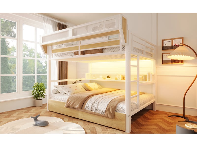  Lit mezzanine 140 × 200 cm, 2 tiroirs, étagère, panier, led multicolore, barrières hautes, métal et mdf, blanc  - Conforama B