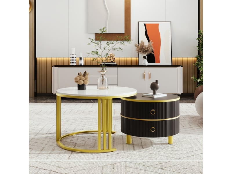 Lot de 2 tables basses rondes avec 2 tiroirs, effet marbre et noir brillant, diamètres 70 et 50 cm, doré - Conforama D