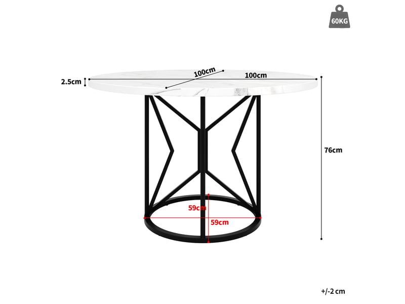 Table ronde, 100x100x76 cm, avec pieds métalliques style géométrique motif marbre, pratique, mdf, coloris noir et blanc - Conforama C