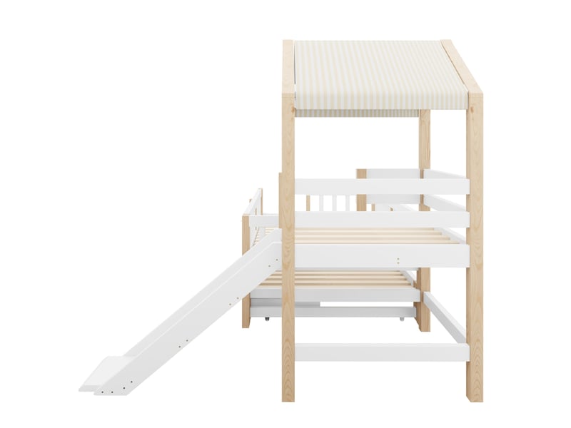  Lit gigogne 90x190 cm - lit cabane enfant 90x200 cm avec toboggan - escalier, tiroirs et toit en tissu - blanc  - Conforama R