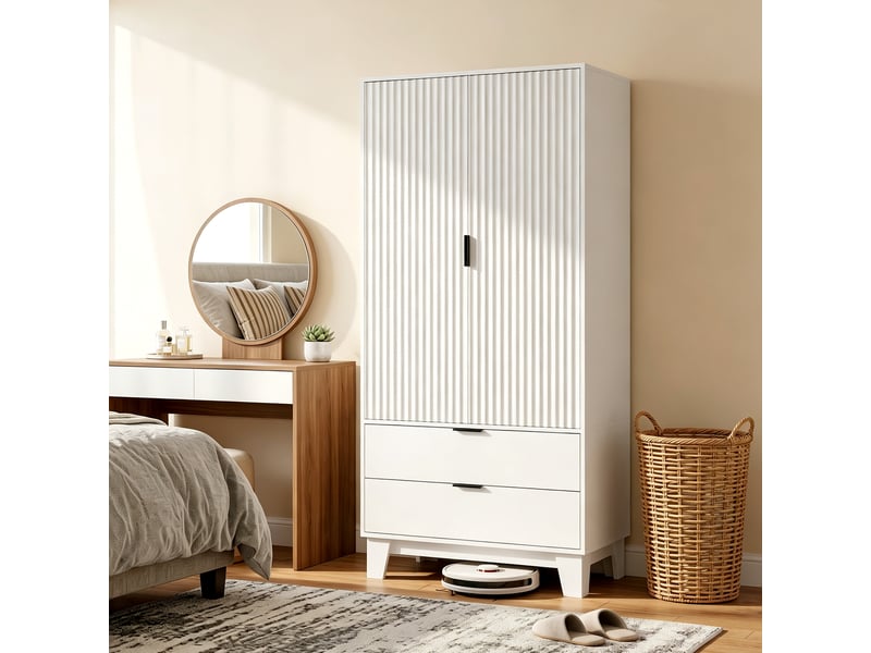  Armoire chambre penderie avec 2 portes à fermeture douce, 2 tiroirs et barre de suspension, blanc, 80x50x180cm  - Conforama D