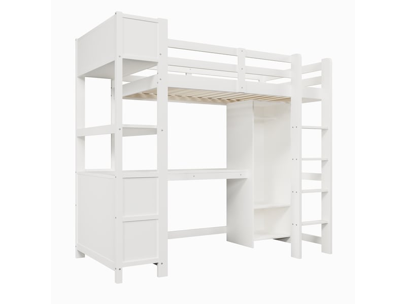  Lit mezzanine avec bureau, armoire, étagères et rangements, blanc, 90x200 cm  - Conforama E