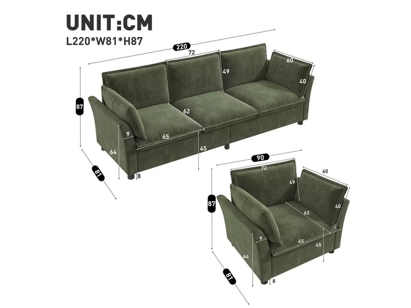  Sofa modulaire 3-1-1 en tissu chenille vert, canapé 3 places + 2 fauteuils avec coussins N653P402QQ-113 - Conforama C