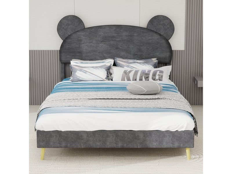  Lit enfant 140x200 cm avec tête cartoon, tissu et métal, gris, sans matelas  - Conforama W