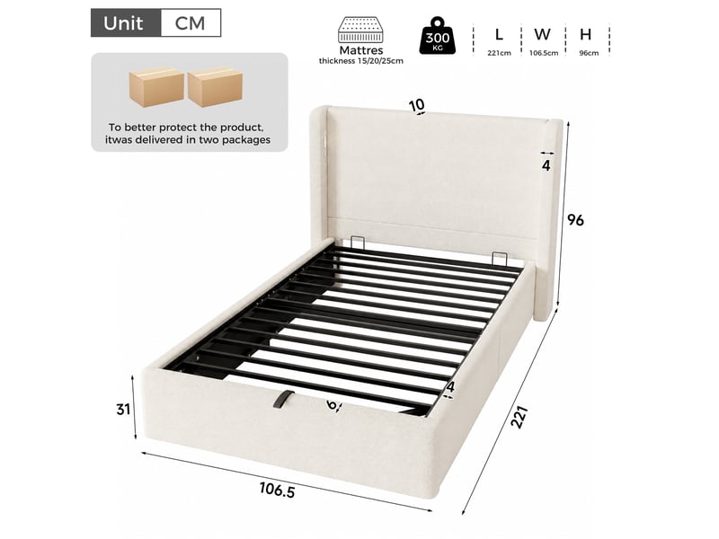  Lit enfant 90x200 cm, sommier inclus, coffre hydraulique, tête de lit avec veilleuse et usb-c, bouclé beige, sans matelas  - Conforama C