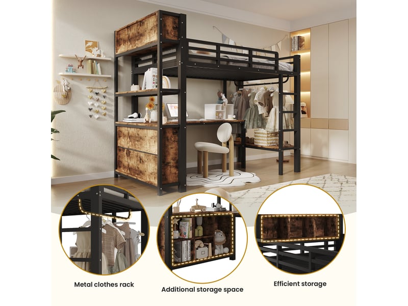  Lit mezzanine 90 × 200 cm 1 place avec bureau, penderie, étagères et rangements, sans matelas, noir  - Conforama E