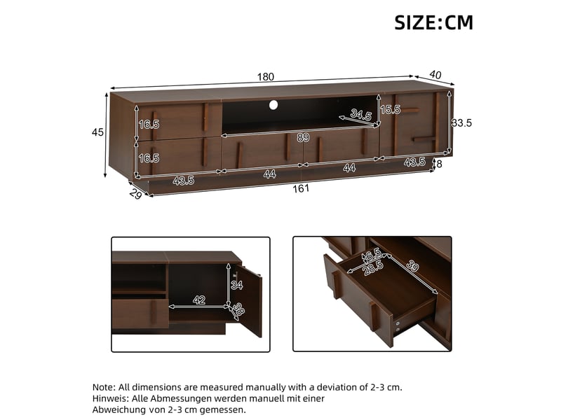  Meuble tv 180x40x45 cm avec 4 tiroirs et rangements, mdf noyer foncé  - Conforama C
