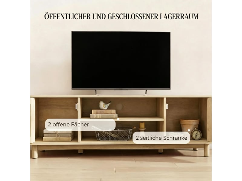  Meuble tv bas 135x39x45cm passe-câbles pour tv 65 | style bohème effet chêne et portes en rotin | 6 pieds pin charge 52kg - chêne clair  - Conforama D