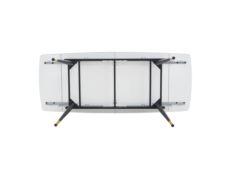 Table à manger extensible 140-200 cm avec plateau en céramique aspect marbre, piètement métal noir et embouts dorés - Conforama E
