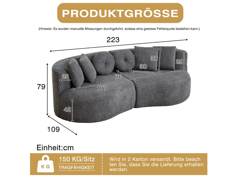 Canapé modulable incurvé 3 places en chenille gris anthracite avec 6 coussins  - Conforama C