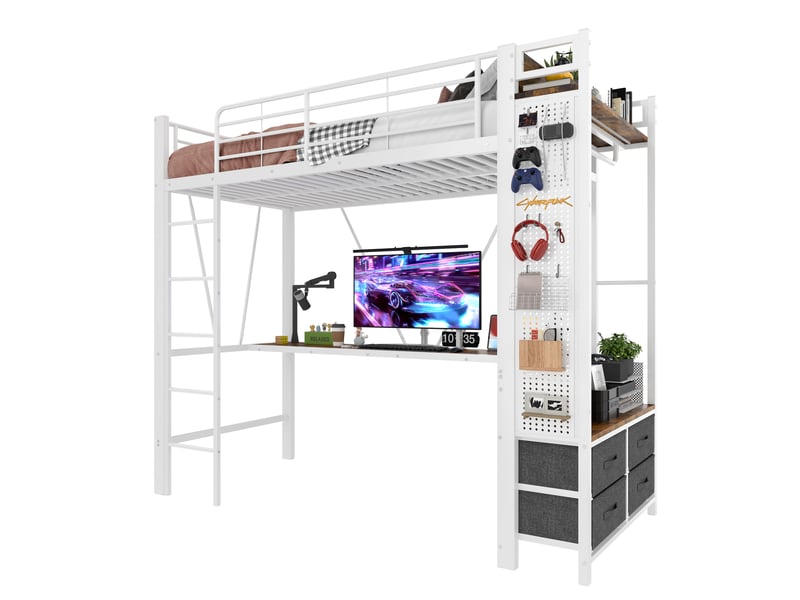  Lit mezzanine 90 x 200cm, structure métal, bureau, 4 tiroirs, étagères, led, usb type-c, sans matelas, blanc  - Conforama A