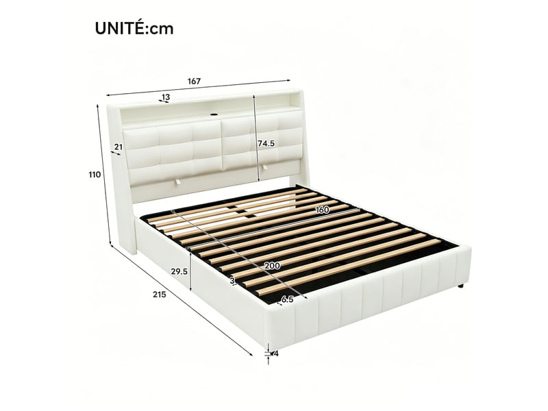  Lit rembourré 160 x 200 cm avec éclairage led 7 couleurs, port usb, espace de rangement et tête de lit réglable, blanc  - Conforama C