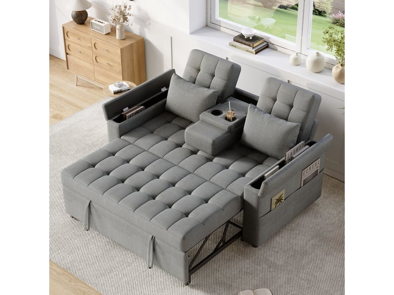 Canapé convertible 2 places 140x90x86,5 cm avec fonction lit, dossier réglable 3 positions, rangement intégré, poches latérales, coussins, tissu effet lin - gris - Conforama B