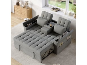 Canapé convertible 2 places 140x90x86,5 cm avec fonction lit, dossier réglable 3 positions, rangement intégré, poches latérales, coussins, tissu effet lin - gris