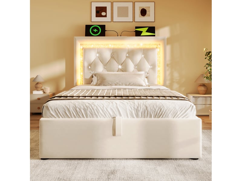  Lit coffre 90x200 cm led tête diamant, ports usb et usb‑c, design moderne, velours beige capitonné, sans matelas  - Conforama W