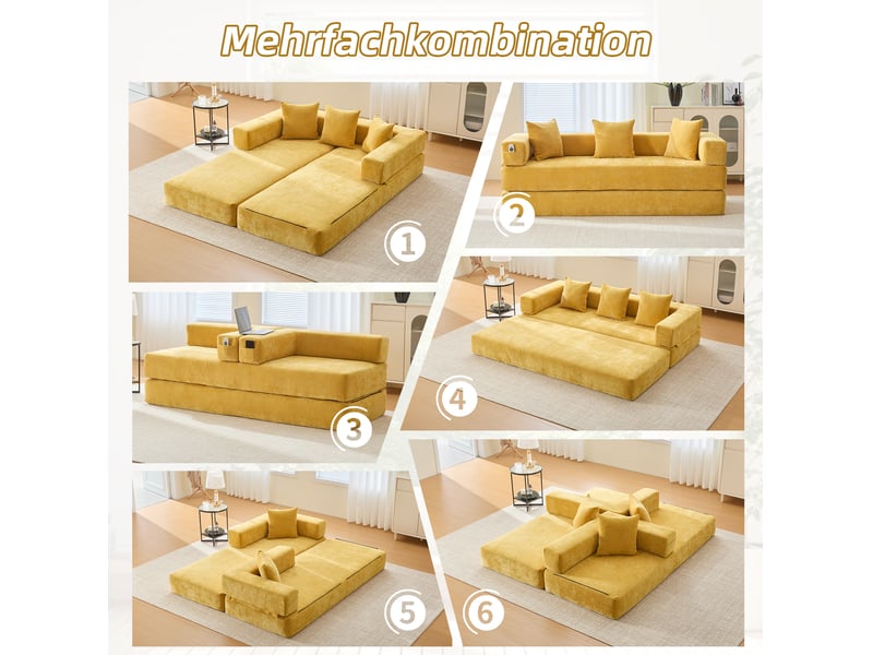  Canape modulaire 2 places 198x79x60 cm – jaune moutarde – tissu chenille avec rangements lateraux  - Conforama D