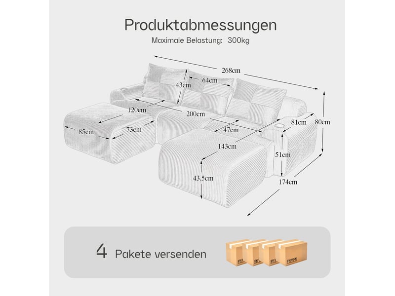 Canapé modulable 3 places en velours côtelé noir avec 2 poufs - Conforama E