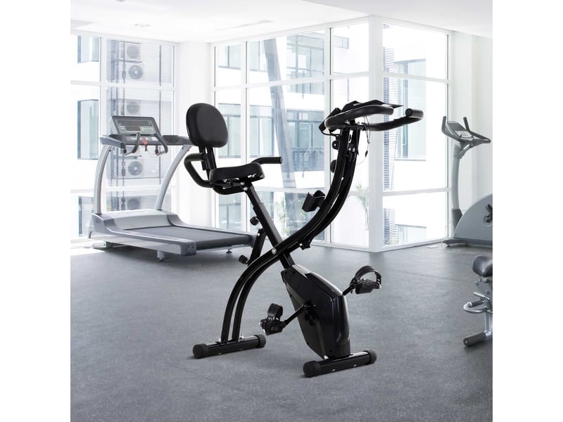  Vélo appartement pliable 4 en 1, silencieux, cordes résistance, cardio, roulettes, lcd, max 120 kg, noir.  - Conforama D