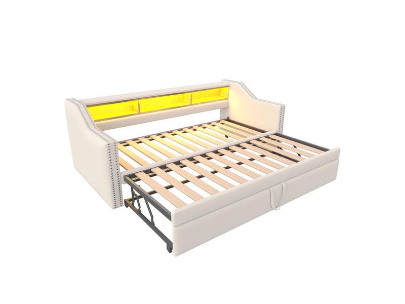  Lit extensible 90180 × 190 cm led, usb en tissu - beige C-CRAFTLINK - Conforama E