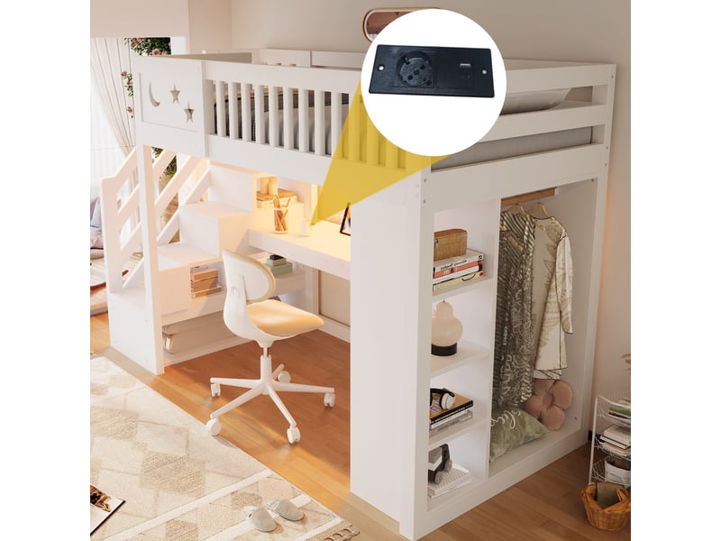  Lit mezzanine en bois 90 × 200 cm, avec garde-corps unique, incluant bureau, éclairage led, étagères ouvertes et armoire, blanc  - Conforama E
