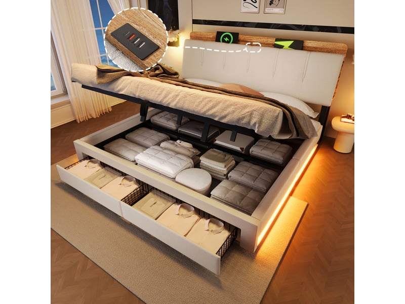  Lit coffre 180x200 cm, lit double, rangement hydraulique, led, lin beige, usb et usb-c  - Conforama D