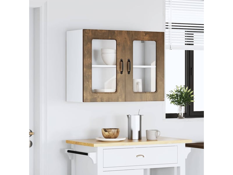 Armoire murale de cuisine avec porte vitrée kalmar chêne fumé bois d'ingénierie shl5681 - Conforama C