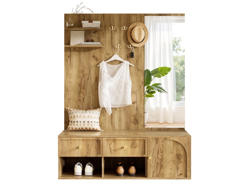  Vestiaire d'entrée  - 120x35x159cm - meuble 6-en-1 avec miroir, tiroirs et banc à chaussures - bois naturel  - Conforama A