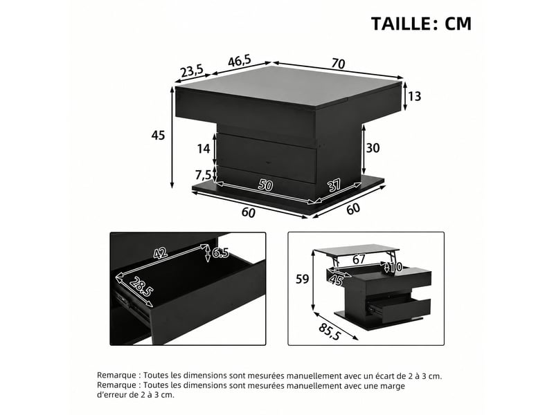  Table basse relevable noire, plateau pivotant à 360°, 1 tiroir, 70 x 70 x 45 cm  - Conforama C