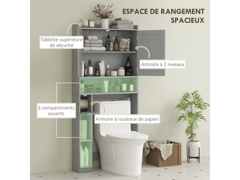  Meuble wc dessus de toilette ou machine à laver, 2 portes, 3 compartiments, porte-papier toilette, gris, 80x19,5x170cm  - Conforama D