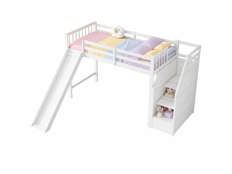  Lit mezzanine enfant 1 place 90×200 cm avec toboggan et escalier de rangement - okmyhome- sans matelas, pin blanc  - Conforama A
