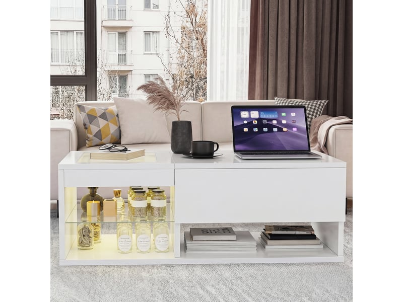  Table basse relevable led - 100 x 55 x 35 cm-blanc - table de salon haute brillance avec éclairage rgb, compartiment et étagère  - Conforama C