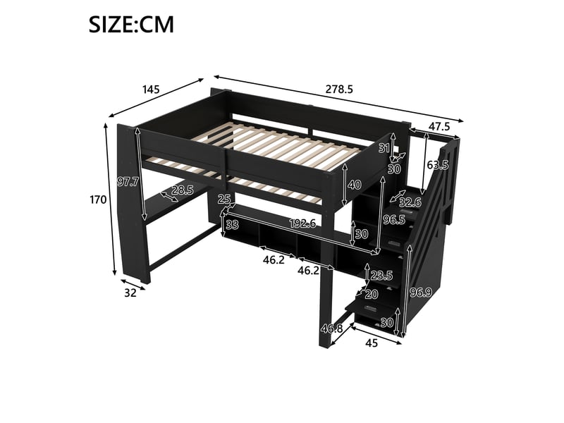 Lit mezzanine 140x200 cm noir, avec bureau, rangements, placards, escalier de rangement 3 compartiments, led, sommier inclus, sans matelas - Conforama C