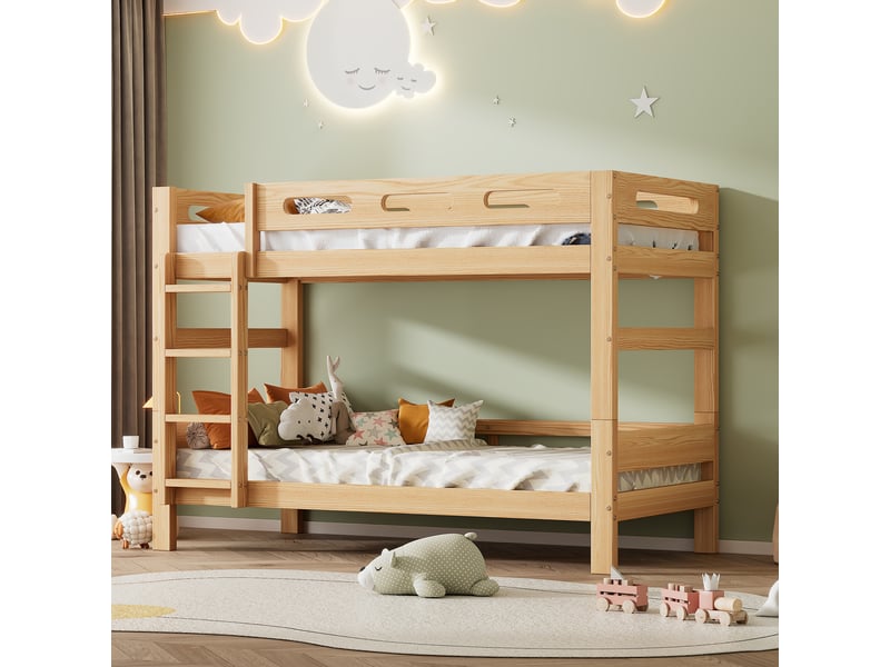  Lit superposé 90x200 cm, lit enfant, lit 2 personnes, divisé en 2 lits simples, naturel, cadre stable en pin  - Conforama A