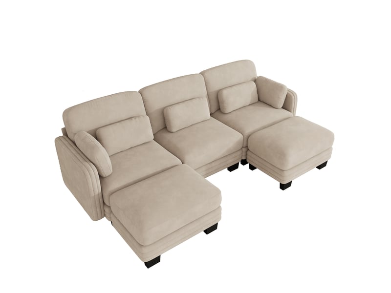 Canapé d'angle modulable en u 3 places avec 2 ottomans 253x143x88 cm en chenille café clair - Conforama A