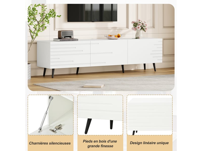  Meuble tv blanc 180 cm en mdf, meuble tv pour téléviseur 80 pouces avec 3 portes rabattables et grand rangement  - Conforama W