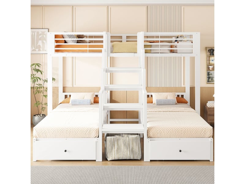  Lit superposé 90 x 200 cm structure robuste en acier cadre en métal escalier central barrières de sécurité tiroirs de rangement finition blanche effet bois  - Conforama B