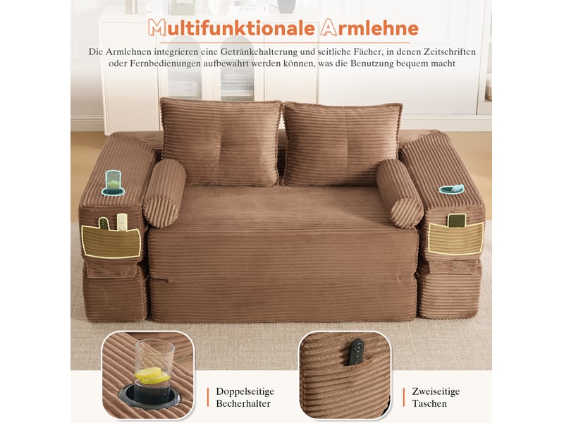 Canapé convertible 2 places 180x98x80 cm avec poches et porte-gobelet, pour salon, contemporain, tissu côtelé, marron - Conforama D